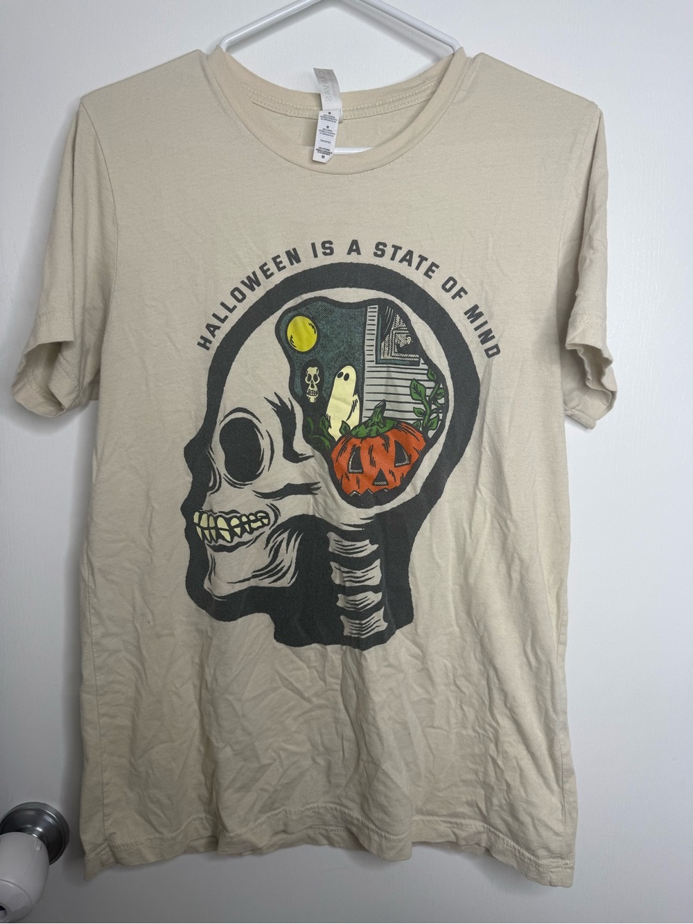 Bella + Canvas "Halloween is a State of Mind" Skull Graphic Tee - Beige Womens